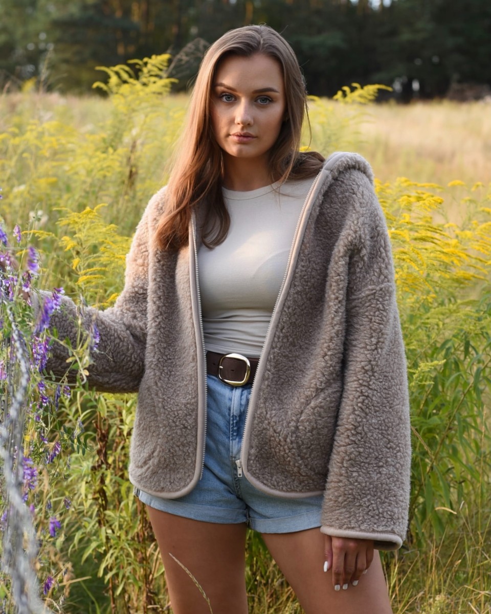 Kurtka z Wełny Merino Oversize TAUPE