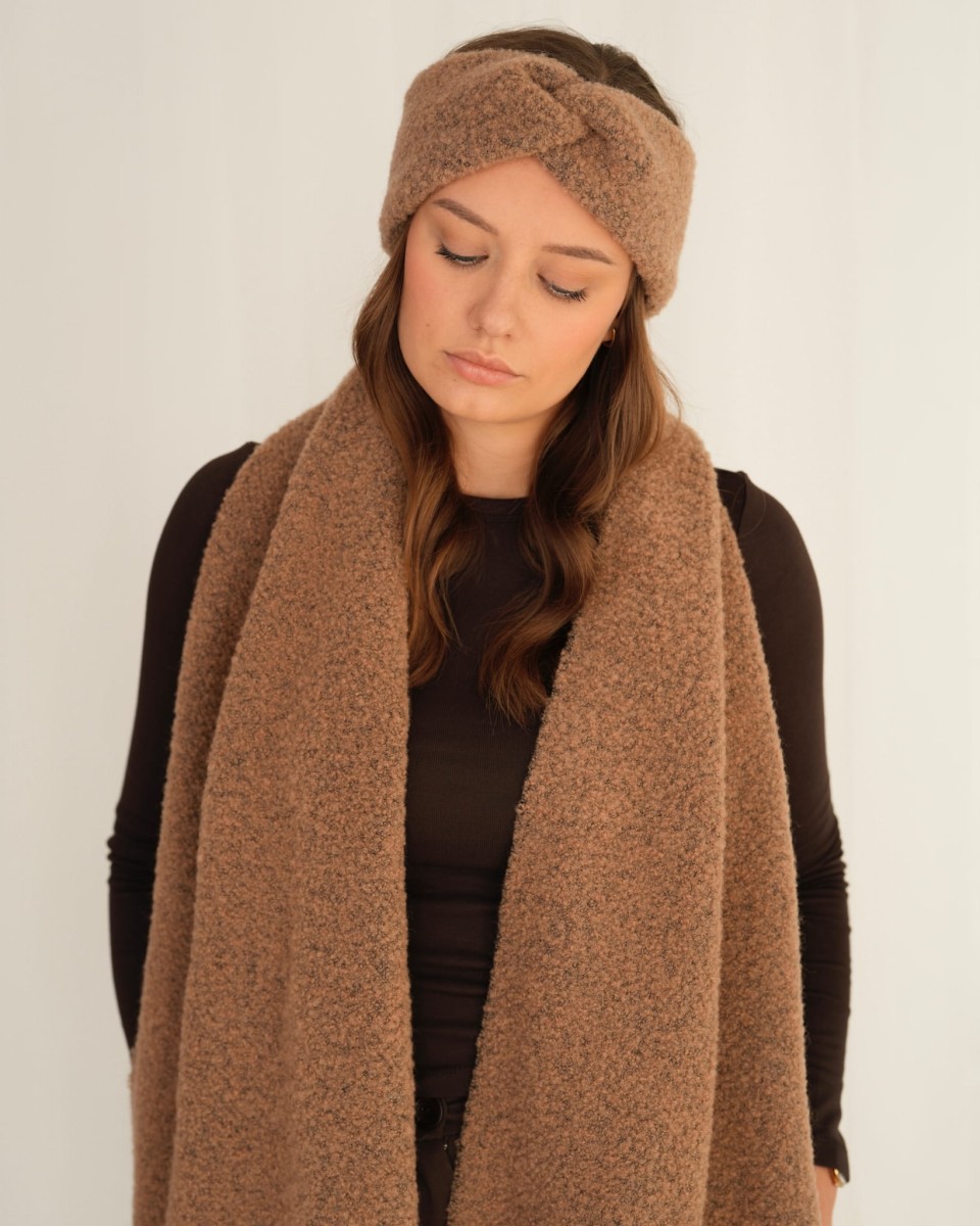 Opaska z wełny merino boucle Brązowa czekoladowa