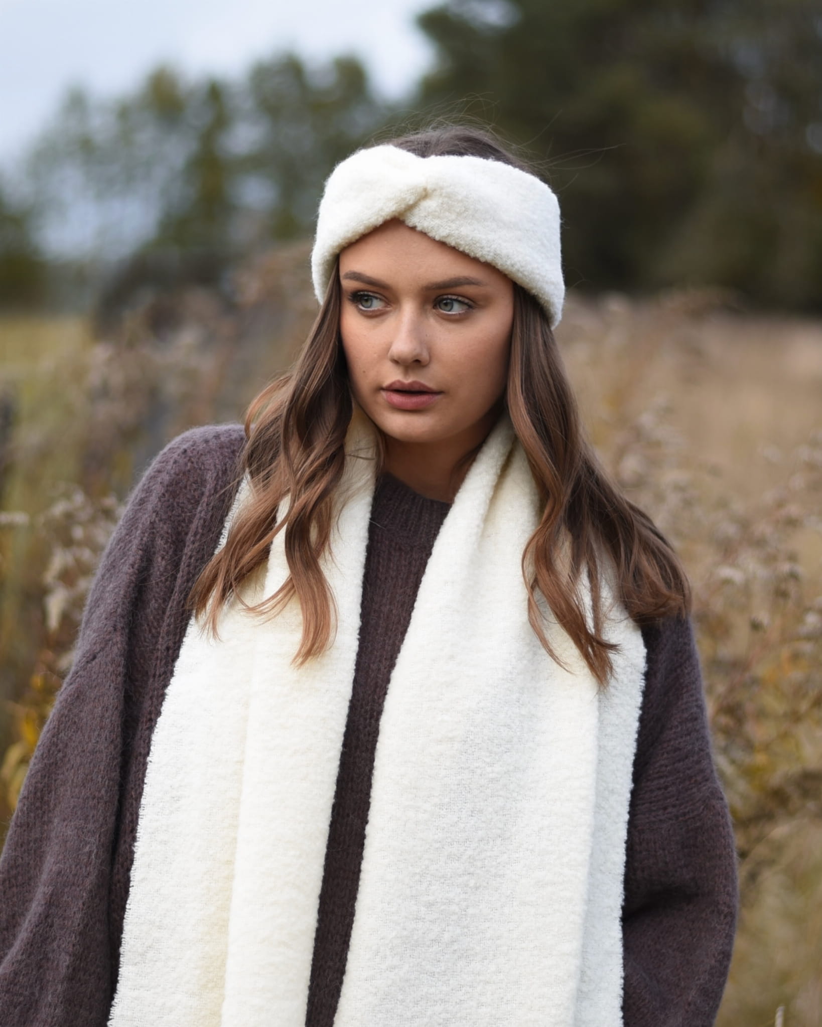 Opaska z wełny merino boucle Ecru