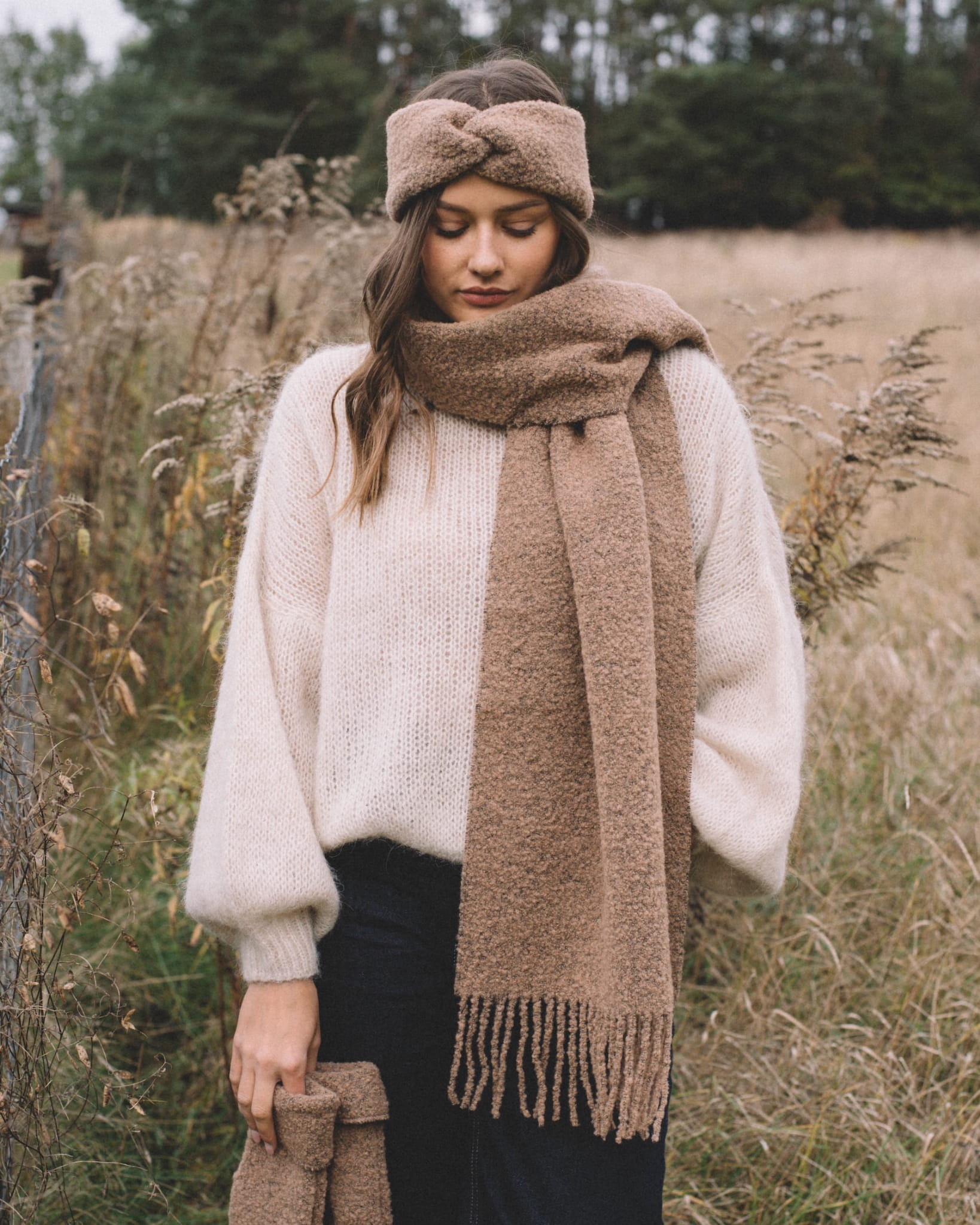Opaska z wełny merino boucle Brązowa czekoladowa